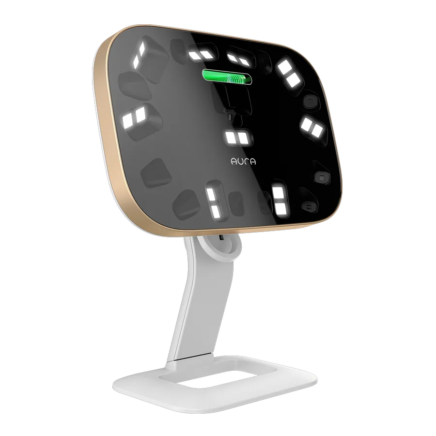 O aparelho AURA, scanner facial 3D, em suporte ajustável