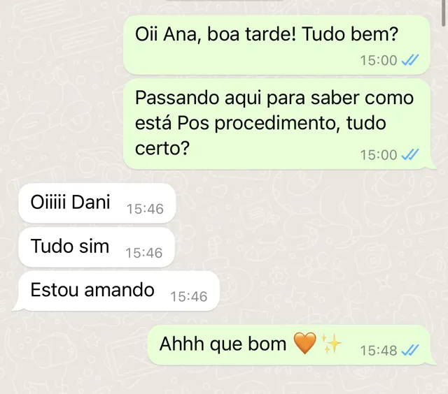 Mensagem de cliente sobre o pós-procedimento