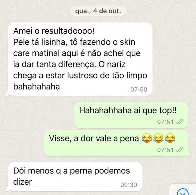 Mensagem de cliente sobre o resultado do skin care